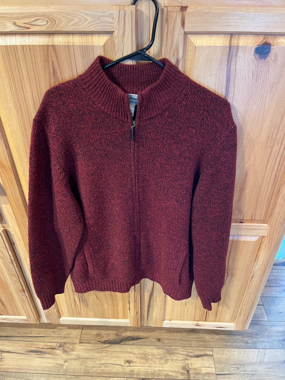 LL BEAN 100% Wool Men's Full Zip-Front Sweater Jacket w/ Pockets - Burgundy EUC